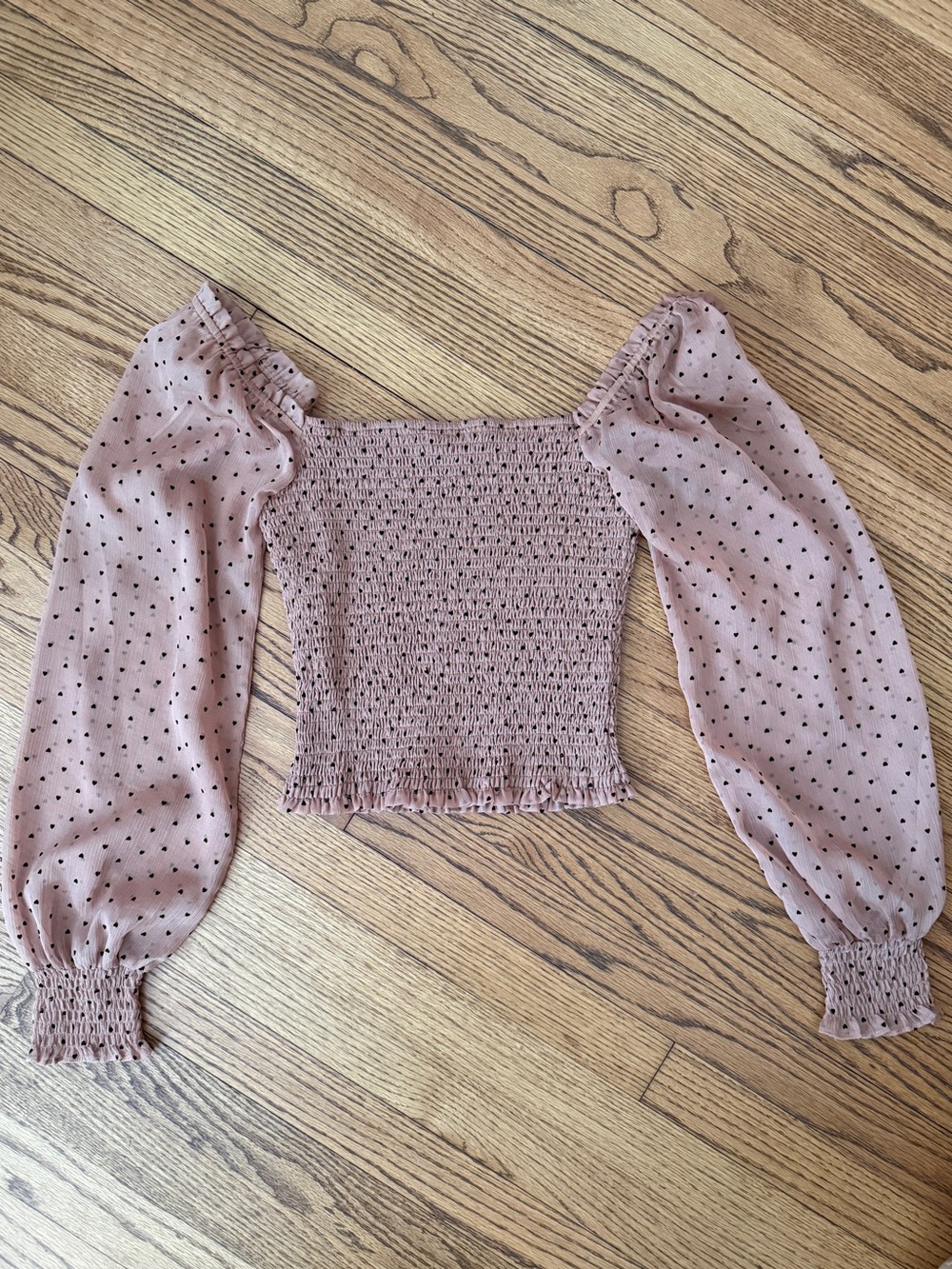 Heart Polka Dot Smocked Off-Shoulder Long Sleeve Top